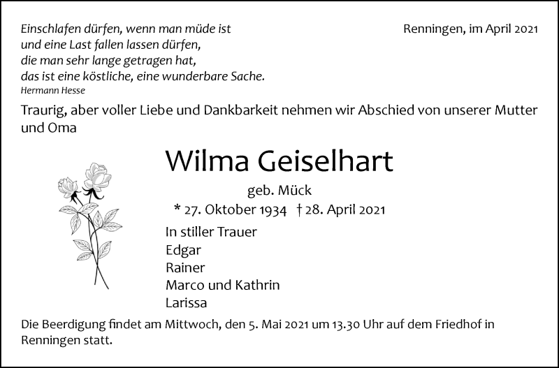  Traueranzeige für Wilma Geiselhart vom 03.05.2021 aus Leonberger Kreiszeitung / Strohgäu Extra