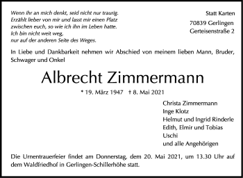 Traueranzeige von Albrecht Zimmermann von Leonberger Kreiszeitung / Strohgäu Extra
