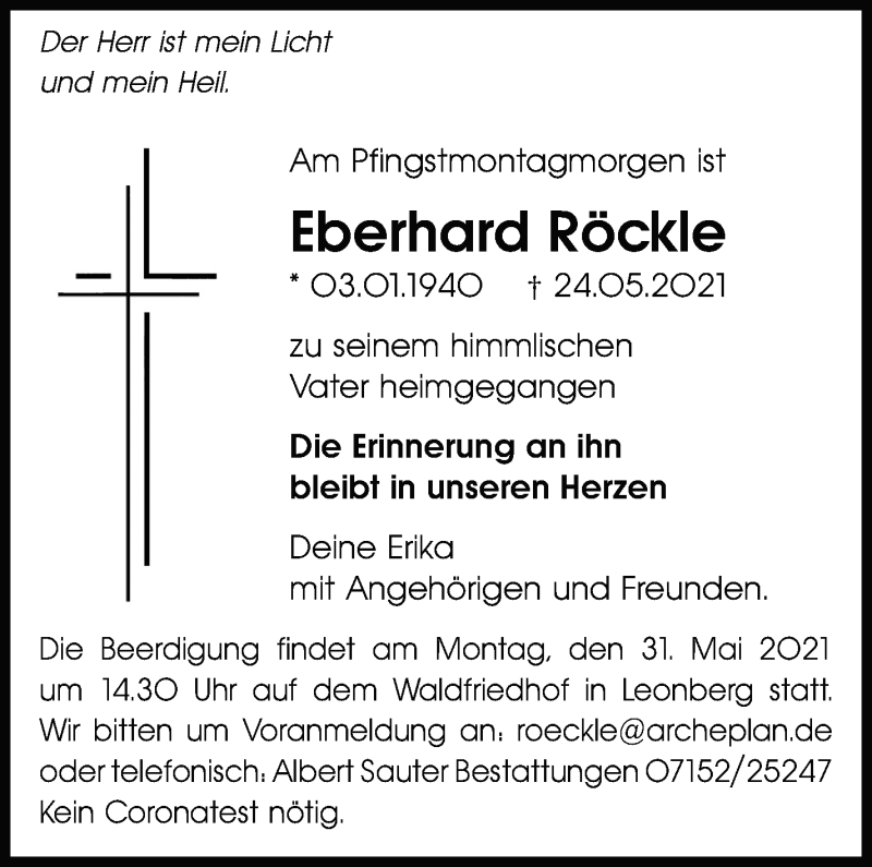  Traueranzeige für Eberhard Röckle vom 29.05.2021 aus Leonberger Kreiszeitung / Strohgäu Extra