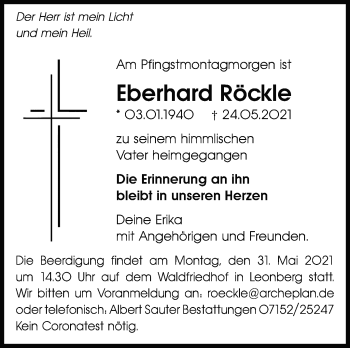 Traueranzeige von Eberhard Röckle von Leonberger Kreiszeitung / Strohgäu Extra