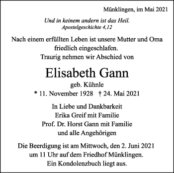 Traueranzeige von Elisabeth Gann von Leonberger Kreiszeitung / Strohgäu Extra