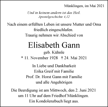 Traueranzeige von Elisabeth Gann von Leonberger Kreiszeitung / Strohgäu Extra
