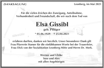 Traueranzeige von Elsa Gissibl von Leonberger Kreiszeitung / Strohgäu Extra