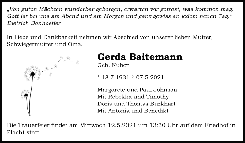  Traueranzeige für Gerda Baitemann vom 11.05.2021 aus Leonberger Kreiszeitung / Strohgäu Extra