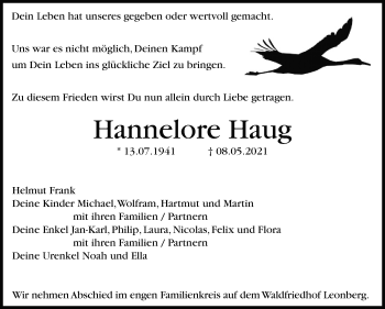 Traueranzeige von Hannelore Haug von Leonberger Kreiszeitung / Strohgäu Extra
