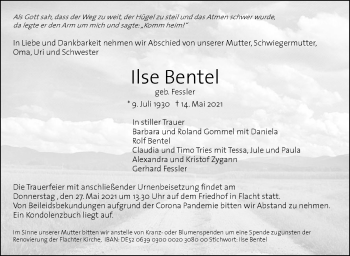 Traueranzeige von Ilse Bentel von Leonberger Kreiszeitung / Strohgäu Extra