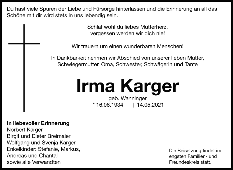  Traueranzeige für Irma Karger vom 19.05.2021 aus Leonberger Kreiszeitung / Strohgäu Extra