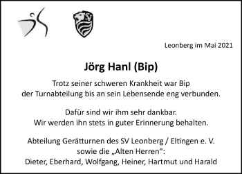 Traueranzeige von Jörg Hanl von Leonberger Kreiszeitung / Strohgäu Extra