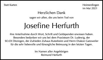 Traueranzeige von Josefine Herfurth von Leonberger Kreiszeitung / Strohgäu Extra