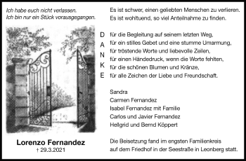 Traueranzeige von Lorenzo Fernandez von Leonberger Kreiszeitung / Strohgäu Extra