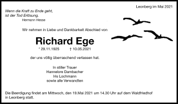 Traueranzeige von Richard Ege von Leonberger Kreiszeitung / Strohgäu Extra
