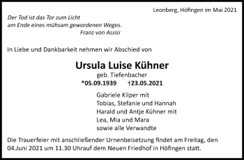 Traueranzeige von Ursula Luise Kühner von Leonberger Kreiszeitung / Strohgäu Extra