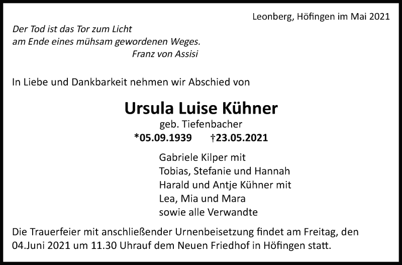  Traueranzeige für Ursula Luise Kühner vom 29.05.2021 aus Leonberger Kreiszeitung / Strohgäu Extra