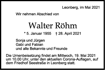 Traueranzeige von Walter Röhm von Leonberger Kreiszeitung / Strohgäu Extra