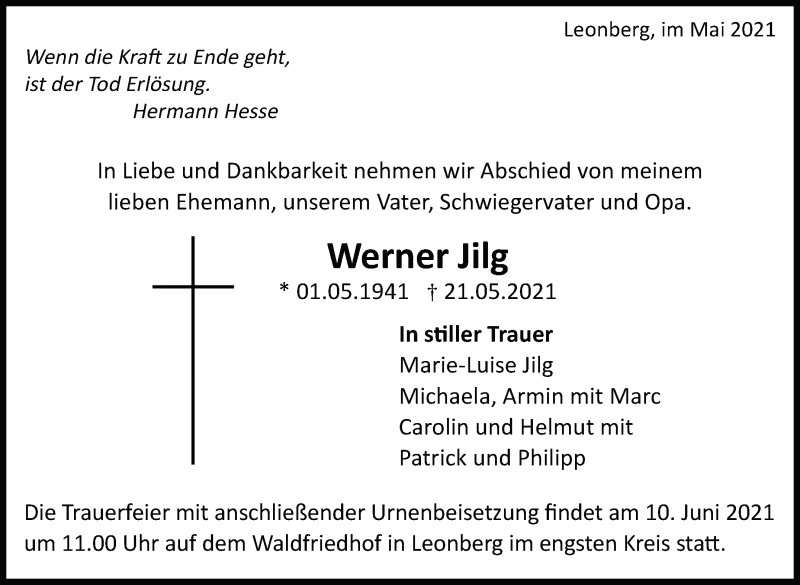  Traueranzeige für Werner Jilg vom 29.05.2021 aus Leonberger Kreiszeitung / Strohgäu Extra
