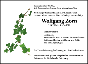 Traueranzeige von Wolfgang Zorn von Leonberger Kreiszeitung / Strohgäu Extra