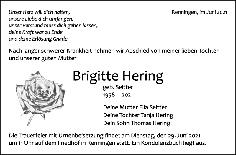  Traueranzeige für Brigitte Hering vom 24.06.2021 aus Leonberger Kreiszeitung / Strohgäu Extra