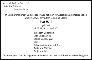 Traueranzeige von Eva Will von Leonberger Kreiszeitung / Strohgäu Extra
