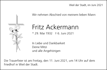 Traueranzeige von Fritz Ackermann von Leonberger Kreiszeitung / Strohgäu Extra