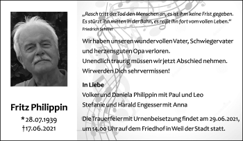 Traueranzeige von Fritz Philippin von Leonberger Kreiszeitung / Strohgäu Extra