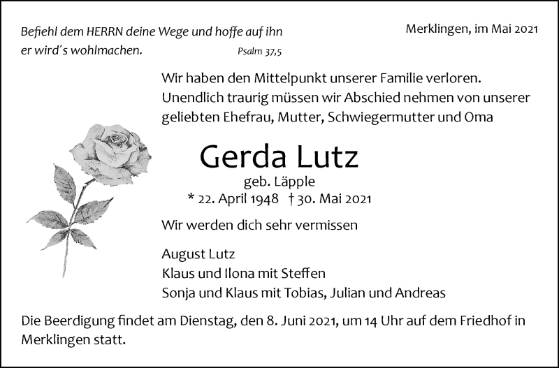  Traueranzeige für Gerda Lutz vom 02.06.2021 aus Leonberger Kreiszeitung / Strohgäu Extra