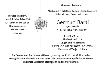Traueranzeige von Gertrud Bartl von Leonberger Kreiszeitung / Strohgäu Extra