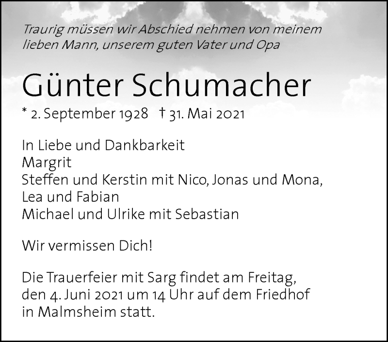  Traueranzeige für Günter Schumacher vom 02.06.2021 aus Leonberger Kreiszeitung / Strohgäu Extra