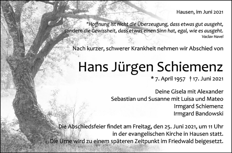  Traueranzeige für Hans Jürgen Schiemenz vom 21.06.2021 aus Leonberger Kreiszeitung / Strohgäu Extra