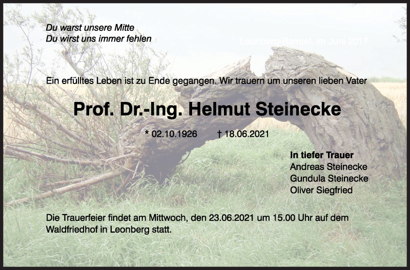  Traueranzeige für Helmut Steinecke vom 19.06.2021 aus Leonberger Kreiszeitung / Strohgäu Extra