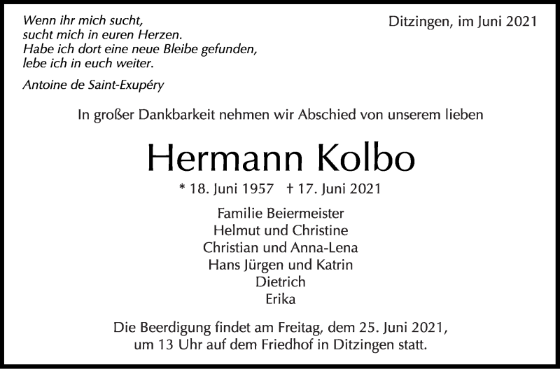  Traueranzeige für Hermann Kolbo vom 22.06.2021 aus Leonberger Kreiszeitung / Strohgäu Extra