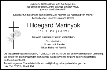 Traueranzeige von Hildegard Marinyok von Leonberger Kreiszeitung / Strohgäu Extra