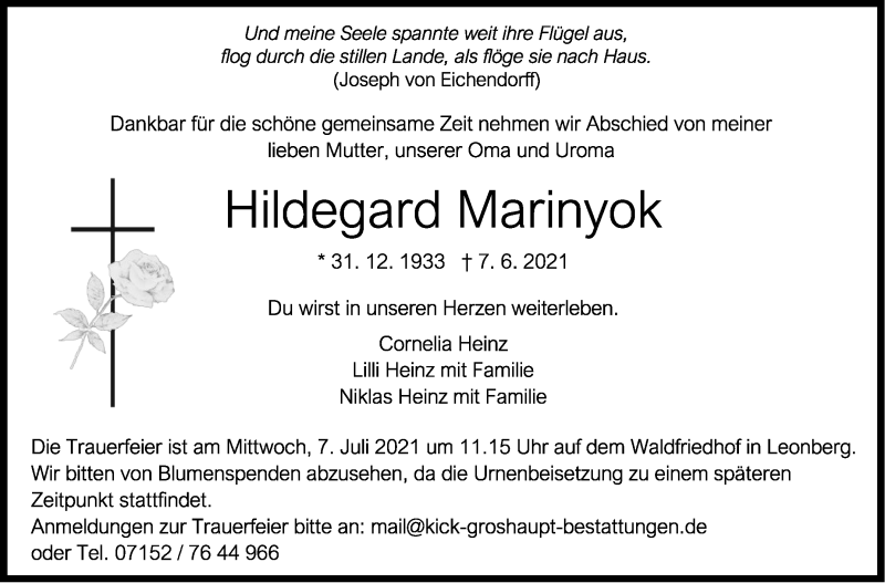  Traueranzeige für Hildegard Marinyok vom 30.06.2021 aus Leonberger Kreiszeitung / Strohgäu Extra
