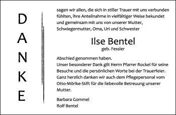 Traueranzeige von Ilse Bentel von Leonberger Kreiszeitung / Strohgäu Extra