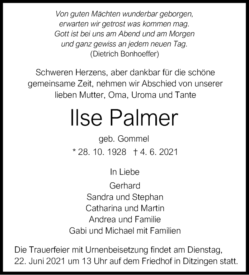  Traueranzeige für Ilse Palmer vom 17.06.2021 aus Leonberger Kreiszeitung / Strohgäu Extra