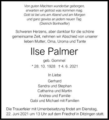 Traueranzeige von Ilse Palmer von Leonberger Kreiszeitung / Strohgäu Extra