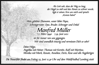 Traueranzeige von Manfred Müller von Leonberger Kreiszeitung / Strohgäu Extra