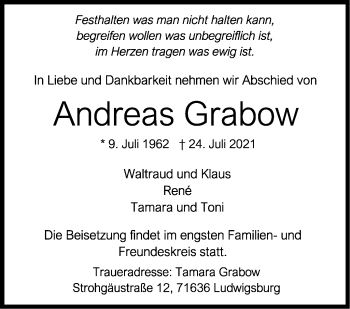Traueranzeige von Andreas Grabow von Leonberger Kreiszeitung / Strohgäu Extra