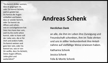 Traueranzeige von Andreas Schenk von Leonberger Kreiszeitung / Strohgäu Extra