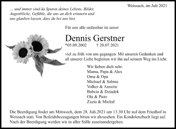 Traueranzeige von Dennis Gerstner von Leonberger Kreiszeitung / Strohgäu Extra