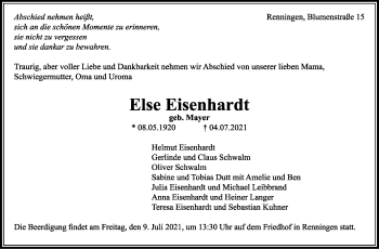 Traueranzeige von Else Eisenhardt von Leonberger Kreiszeitung / Strohgäu Extra