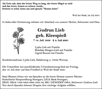 Traueranzeige von Gudrun Lieb von Leonberger Kreiszeitung / Strohgäu Extra