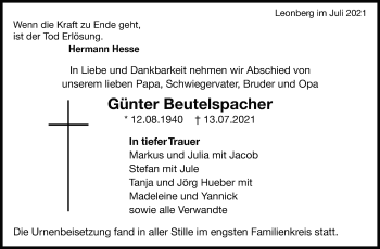 Traueranzeige von Günter Beutelspacher von Leonberger Kreiszeitung / Strohgäu Extra