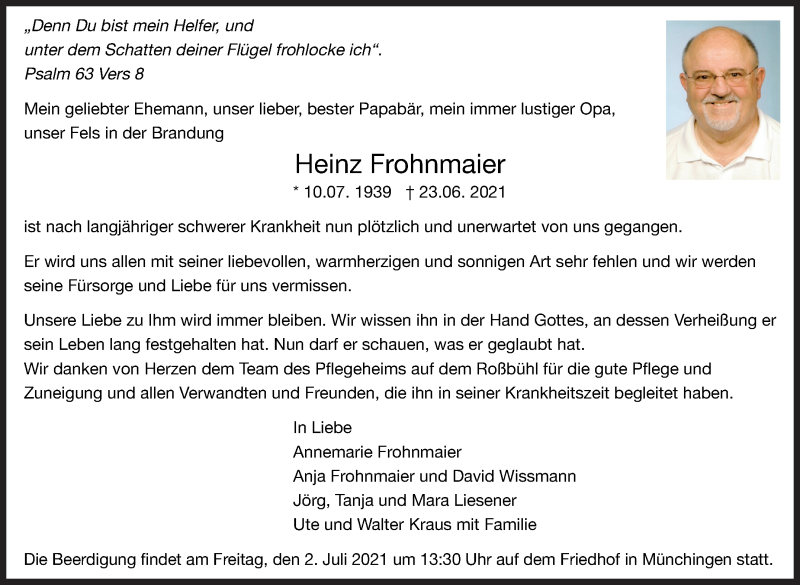  Traueranzeige für Heinz Frohnmaier vom 01.07.2021 aus Leonberger Kreiszeitung / Strohgäu Extra