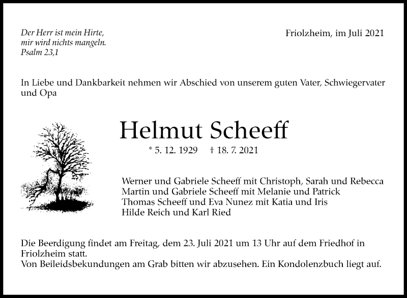  Traueranzeige für Helmut Scheeff vom 21.07.2021 aus Leonberger Kreiszeitung / Strohgäu Extra