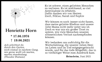 Traueranzeige von Henriette Horn von Leonberger Kreiszeitung / Strohgäu Extra