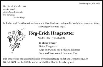 Traueranzeige von Jörg-Erich Haugstetter von Leonberger Kreiszeitung / Strohgäu Extra