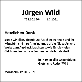 Traueranzeige von Jürgen Wild von Leonberger Kreiszeitung / Strohgäu Extra