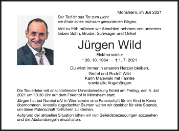 Traueranzeige von Jürgen Wild von Leonberger Kreiszeitung / Strohgäu Extra