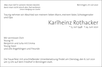 Traueranzeige von Karlheinz Rothacker von Leonberger Kreiszeitung / Strohgäu Extra