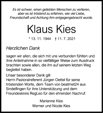 Traueranzeige von Klaus Kies von Leonberger Kreiszeitung / Strohgäu Extra